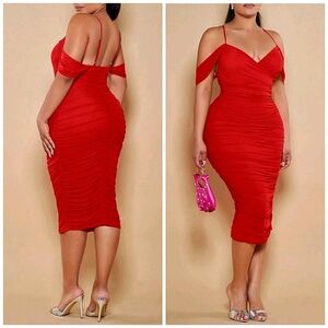 New Gorgeous Ruched Stretch Bodycon Off Shoulder Midi Dress PLUS Red